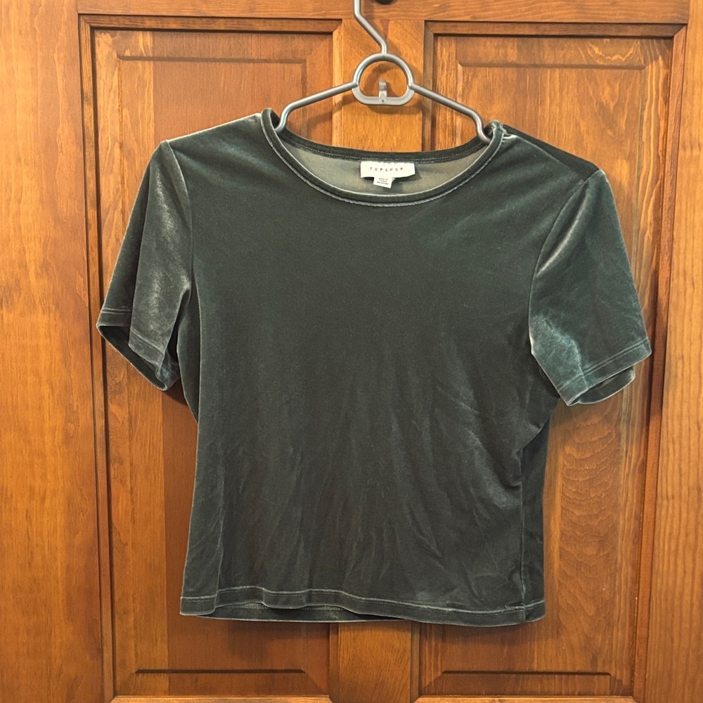 Topshop Stretchy Green Velvet Cropped Short Sleeve Top